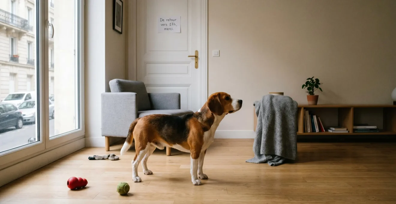 Chien de type Beagle seul dans un salon d'appartement contemporain, en position d'alerte face à la porte d'entrée, jouets d'occupation visibles au sol