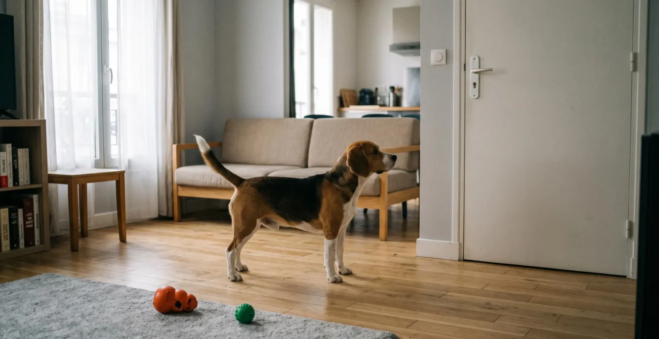 Chien de type Beagle seul dans un salon d'appartement contemporain, en position d'alerte face à la porte d'entrée, jouets d'occupation visibles au sol