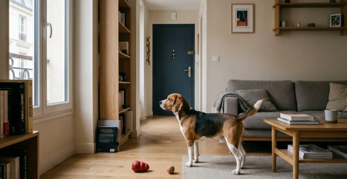 Chien de type Beagle seul dans un salon d'appartement contemporain, en position d'alerte face à la porte d'entrée, jouets d'occupation visibles au sol