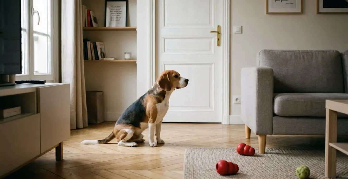 Chien de type Beagle seul dans un salon d'appartement contemporain, en position d'alerte face à la porte d'entrée, jouets d'occupation visibles au sol