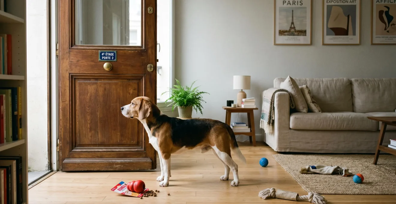 Chien de type Beagle seul dans un salon d'appartement contemporain, en position d'alerte face à la porte d'entrée, jouets d'occupation visibles au sol
