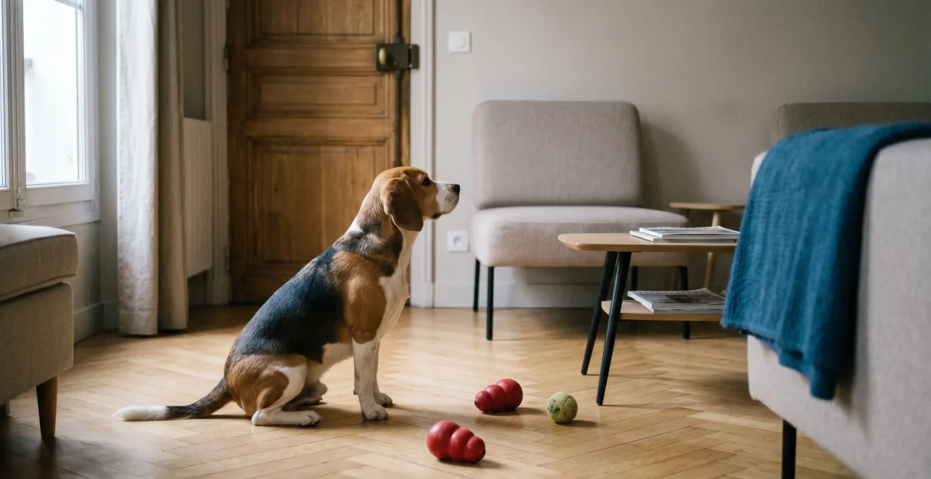 Chien de type Beagle seul dans un salon d'appartement contemporain, en position d'alerte face à la porte d'entrée, jouets d'occupation visibles au sol