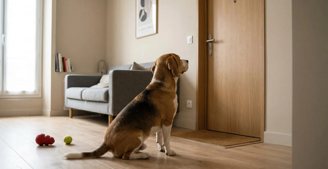 Chien de type Beagle seul dans un salon d'appartement contemporain, en position d'alerte face à la porte d'entrée, jouets d'occupation visibles au sol