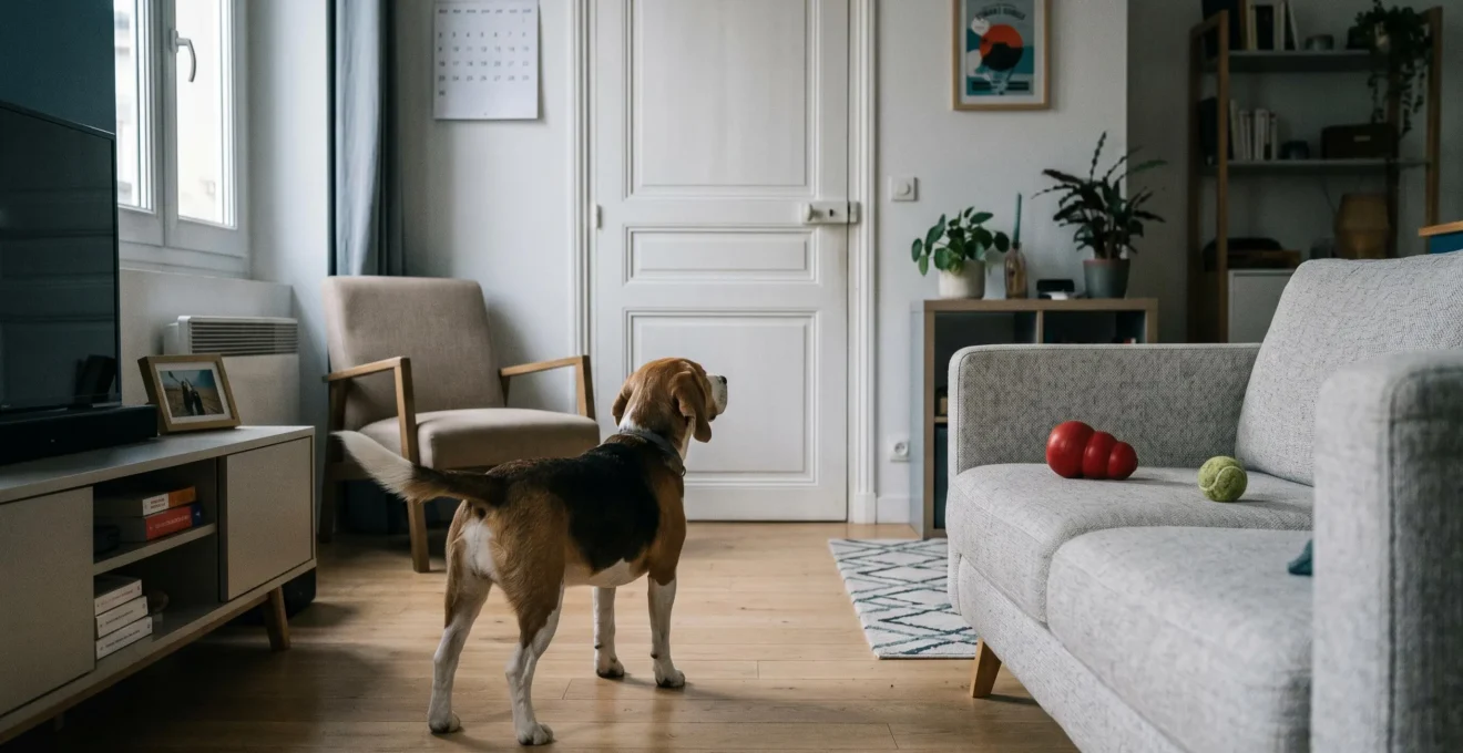 Chien de type Beagle seul dans un salon d'appartement contemporain, en position d'alerte face à la porte d'entrée, jouets d'occupation visibles au sol