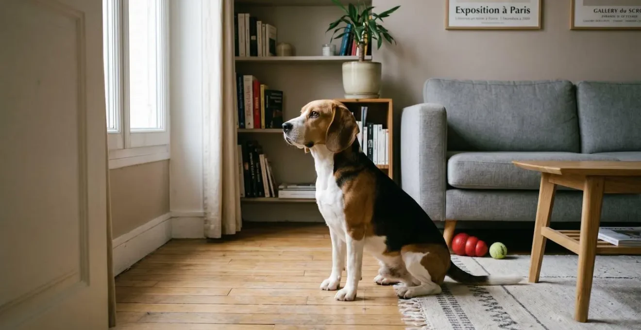 Chien de type Beagle seul dans un salon d'appartement contemporain, en position d'alerte face à la porte d'entrée, jouets d'occupation visibles au sol