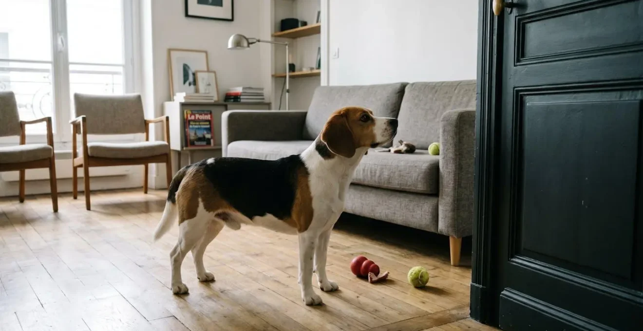 Chien de type Beagle seul dans un salon d'appartement contemporain, en position d'alerte face à la porte d'entrée, jouets d'occupation visibles au sol