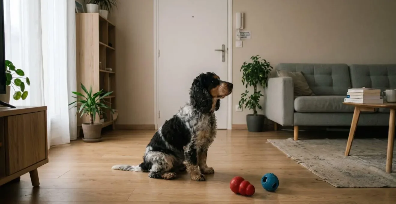 Chien de type Beagle seul dans un salon d'appartement contemporain, en position d'alerte face à la porte d'entrée, jouets d'occupation visibles au sol