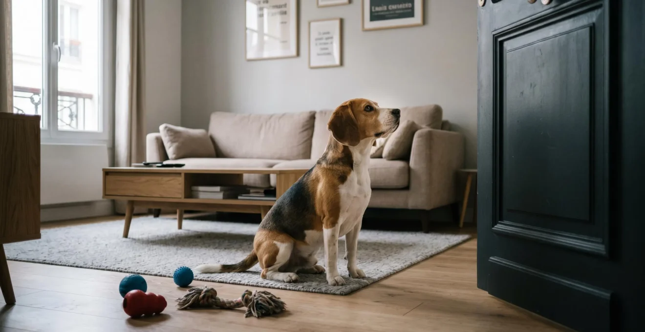Chien de type Beagle seul dans un salon d'appartement contemporain, en position d'alerte face à la porte d'entrée, jouets d'occupation visibles au sol