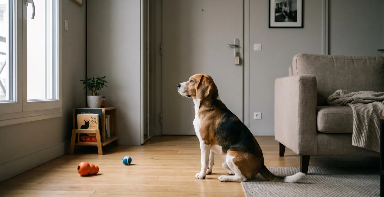 Chien de type Beagle seul dans un salon d'appartement contemporain, en position d'alerte face à la porte d'entrée, jouets d'occupation visibles au sol