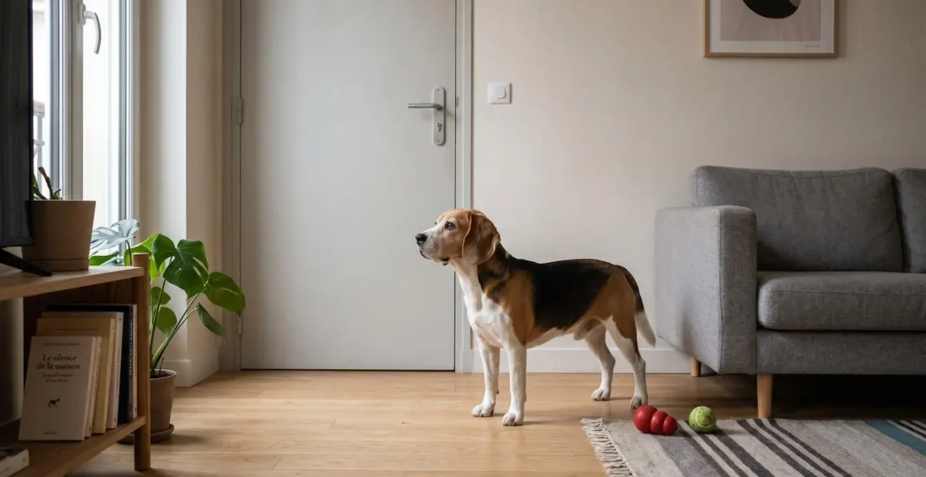 Chien de type Beagle seul dans un salon d'appartement contemporain, en position d'alerte face à la porte d'entrée, jouets d'occupation visibles au sol