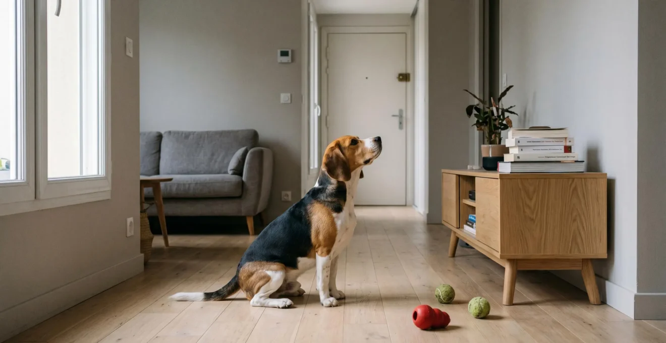 Chien de type Beagle seul dans un salon d'appartement contemporain, en position d'alerte face à la porte d'entrée, jouets d'occupation visibles au sol