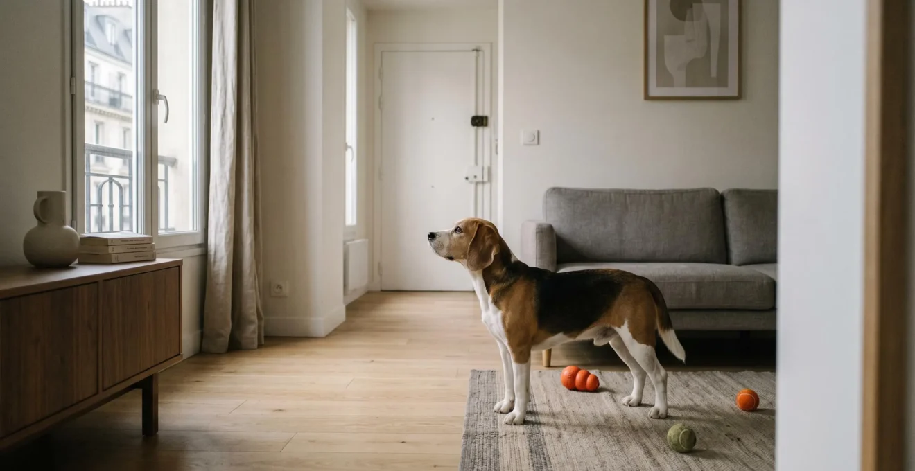 Chien de type Beagle seul dans un salon d'appartement contemporain, en position d'alerte face à la porte d'entrée, jouets d'occupation visibles au sol