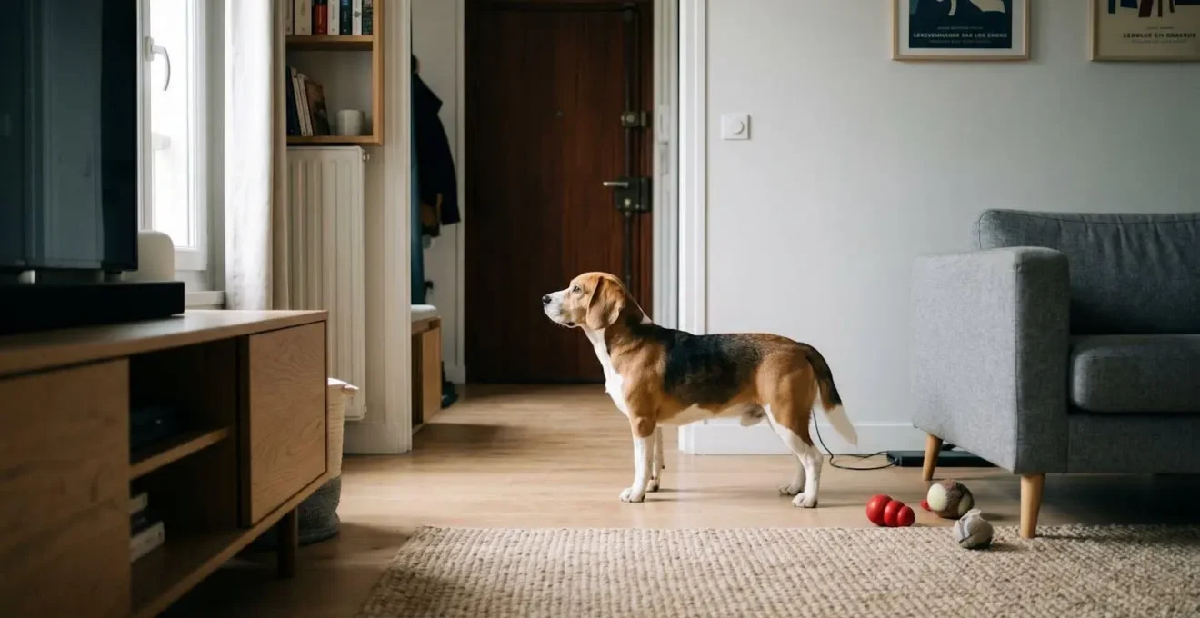 Chien de type Beagle seul dans un salon d'appartement contemporain, en position d'alerte face à la porte d'entrée, jouets d'occupation visibles au sol