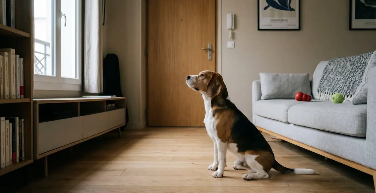 Chien de type Beagle seul dans un salon d'appartement contemporain, en position d'alerte face à la porte d'entrée, jouets d'occupation visibles au sol
