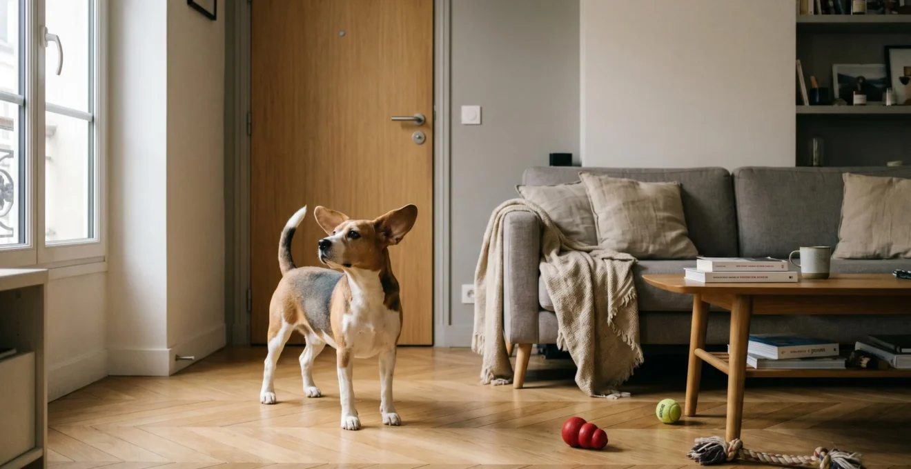 Chien de type Beagle seul dans un salon d'appartement contemporain, en position d'alerte face à la porte d'entrée, jouets d'occupation visibles au sol