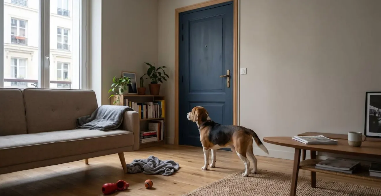 Chien de type Beagle seul dans un salon d'appartement contemporain, en position d'alerte face à la porte d'entrée, jouets d'occupation visibles au sol