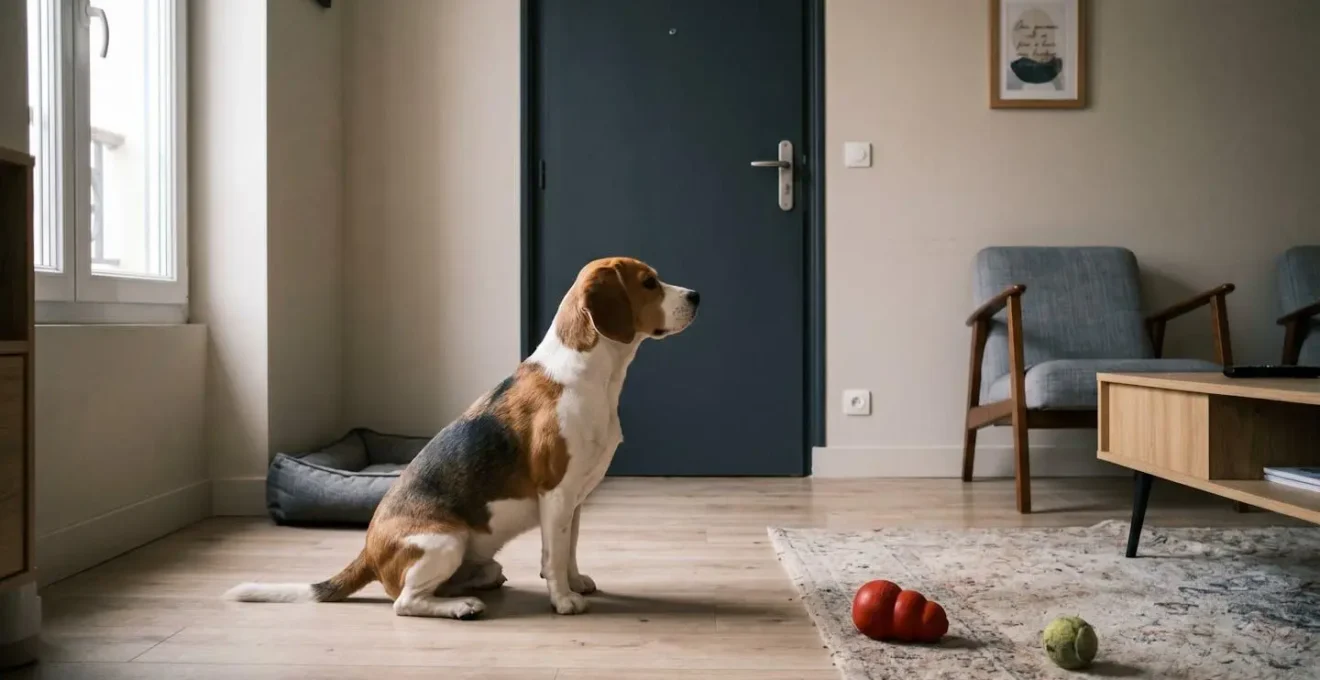 Chien de type Beagle seul dans un salon d'appartement contemporain, en position d'alerte face à la porte d'entrée, jouets d'occupation visibles au sol