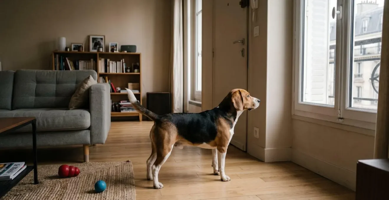 Chien de type Beagle seul dans un salon d'appartement contemporain, en position d'alerte face à la porte d'entrée, jouets d'occupation visibles au sol