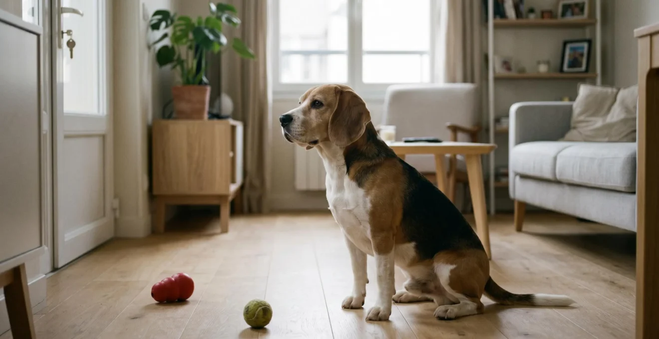 Chien de type Beagle seul dans un salon d'appartement contemporain, en position d'alerte face à la porte d'entrée, jouets d'occupation visibles au sol