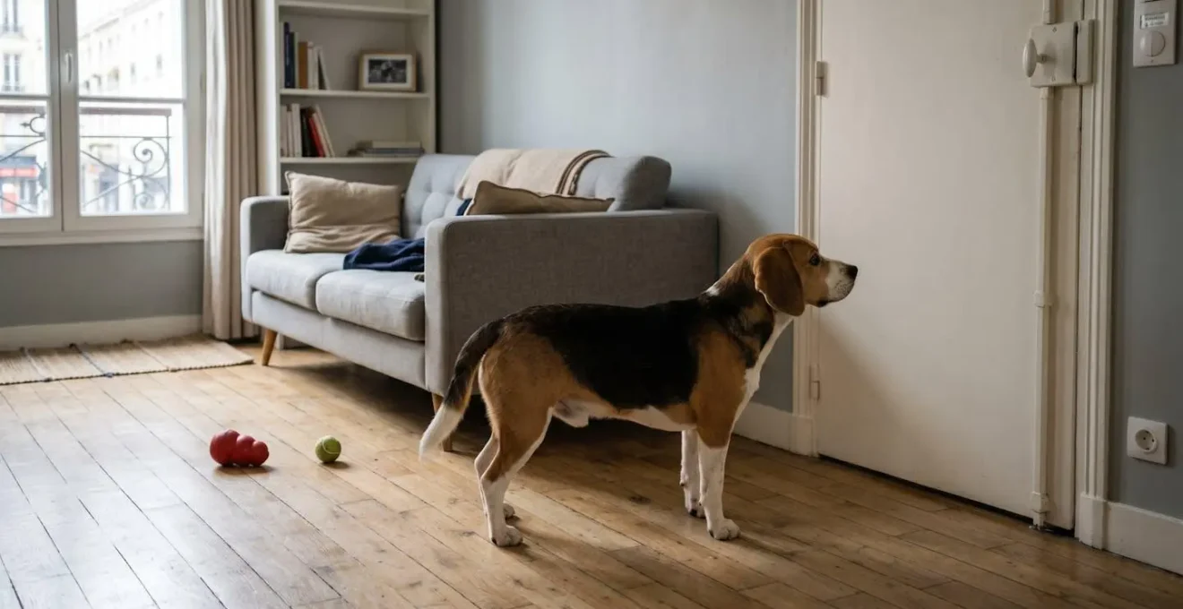Chien de type Beagle seul dans un salon d'appartement contemporain, en position d'alerte face à la porte d'entrée, jouets d'occupation visibles au sol