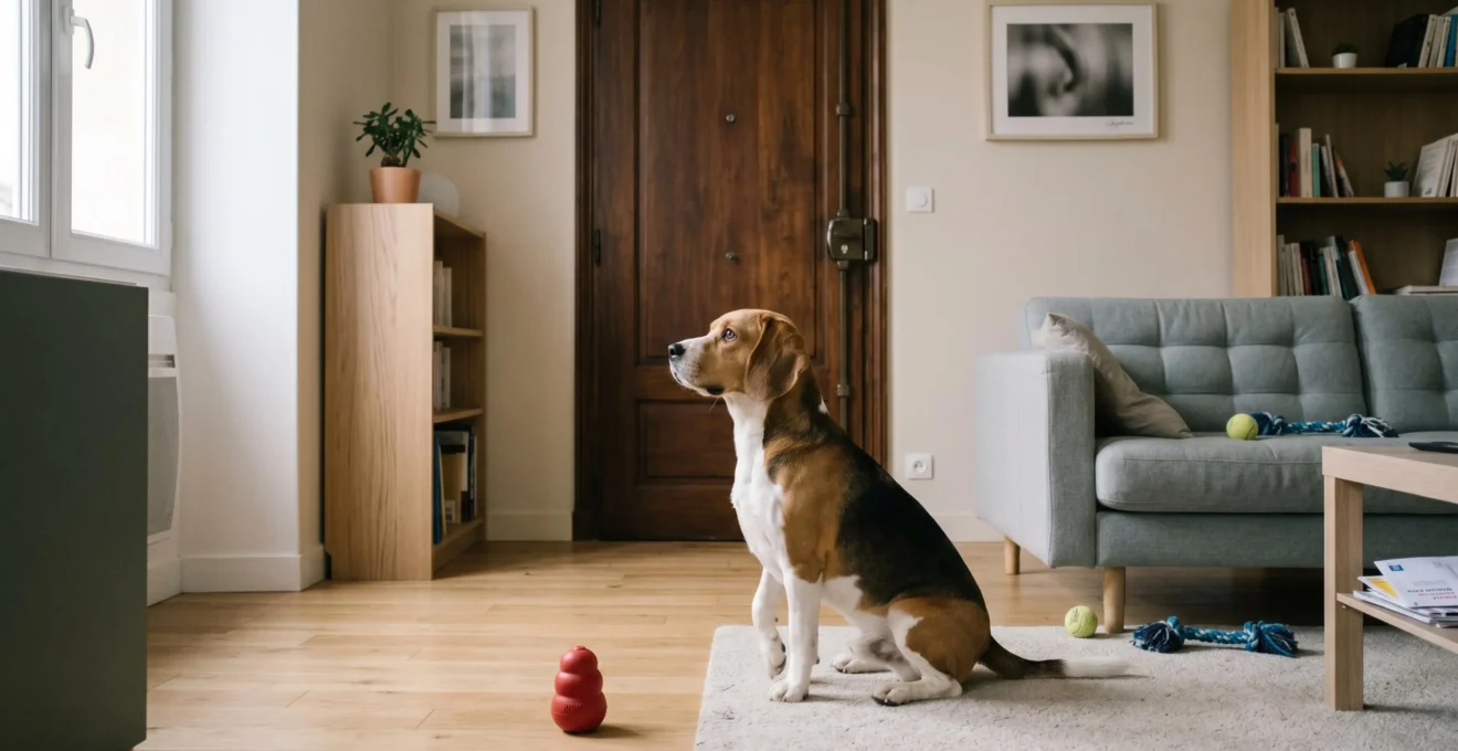 Chien de type Beagle seul dans un salon d'appartement contemporain, en position d'alerte face à la porte d'entrée, jouets d'occupation visibles au sol