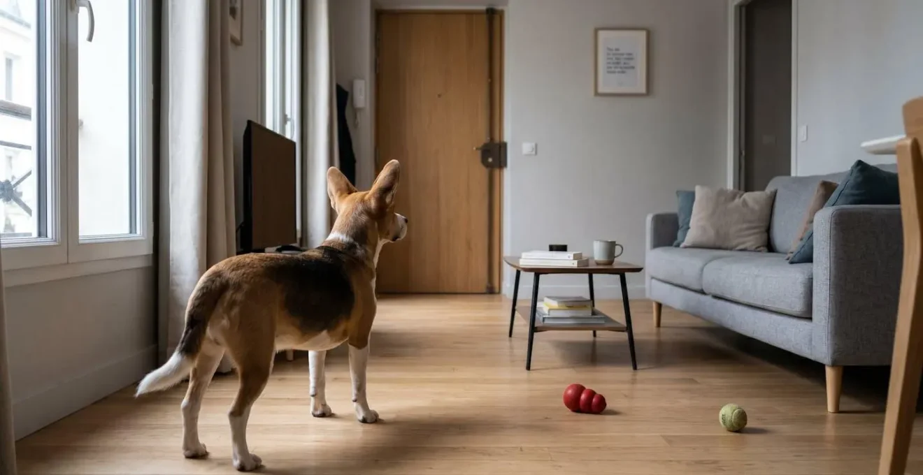 Chien de type Beagle seul dans un salon d'appartement contemporain, en position d'alerte face à la porte d'entrée, jouets d'occupation visibles au sol
