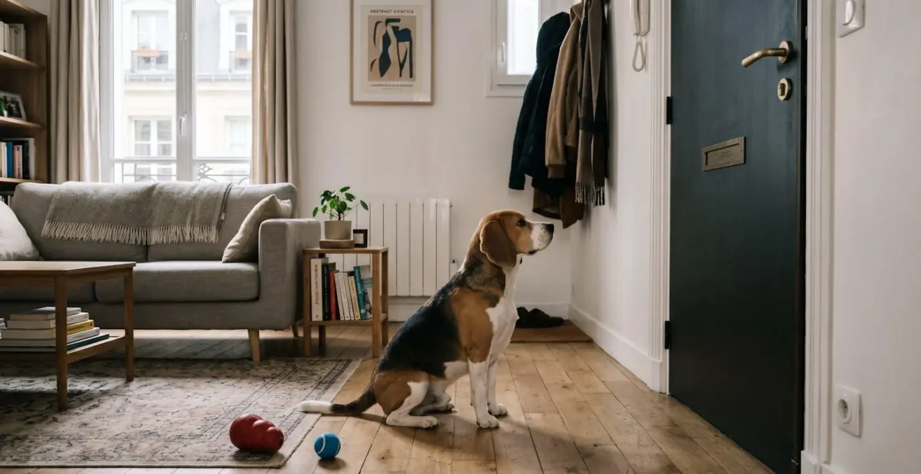 Chien de type Beagle seul dans un salon d'appartement contemporain, en position d'alerte face à la porte d'entrée, jouets d'occupation visibles au sol