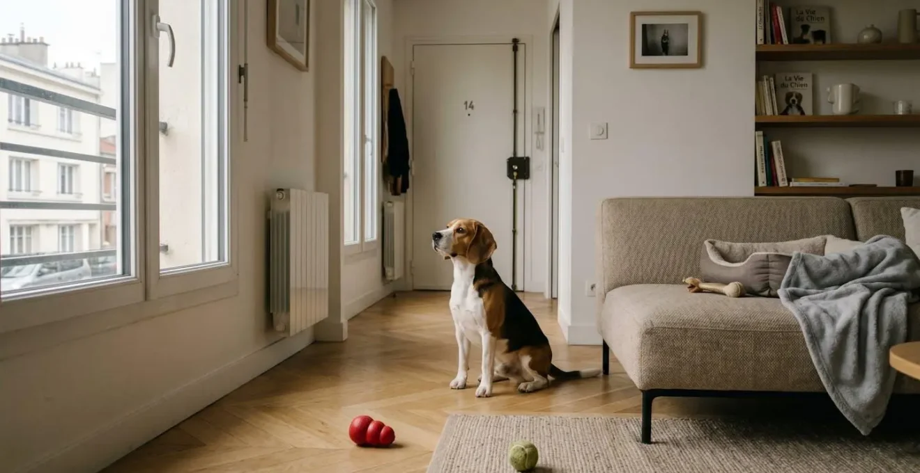 Chien de type Beagle seul dans un salon d'appartement contemporain, en position d'alerte face à la porte d'entrée, jouets d'occupation visibles au sol