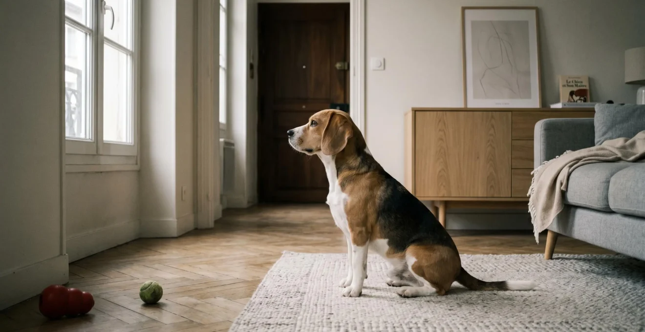 Chien de type Beagle seul dans un salon d'appartement contemporain, en position d'alerte face à la porte d'entrée, jouets d'occupation visibles au sol
