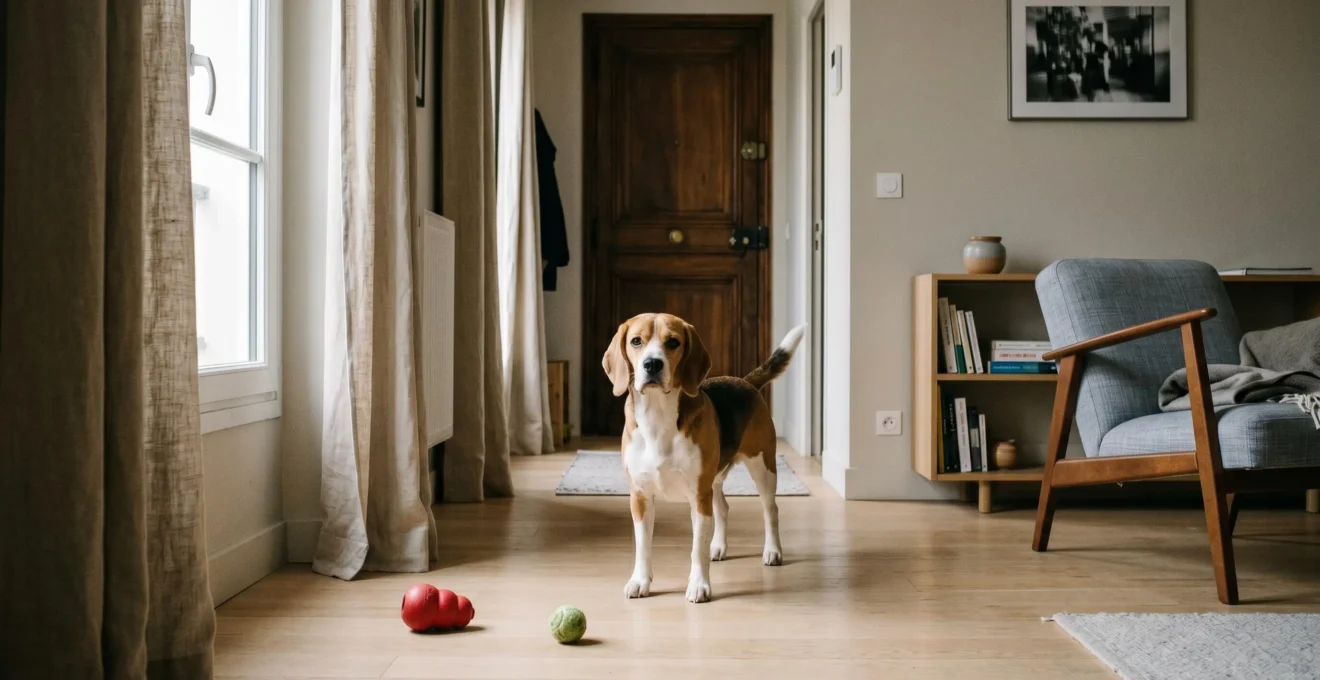 Chien de type Beagle seul dans un salon d'appartement contemporain, en position d'alerte face à la porte d'entrée, jouets d'occupation visibles au sol