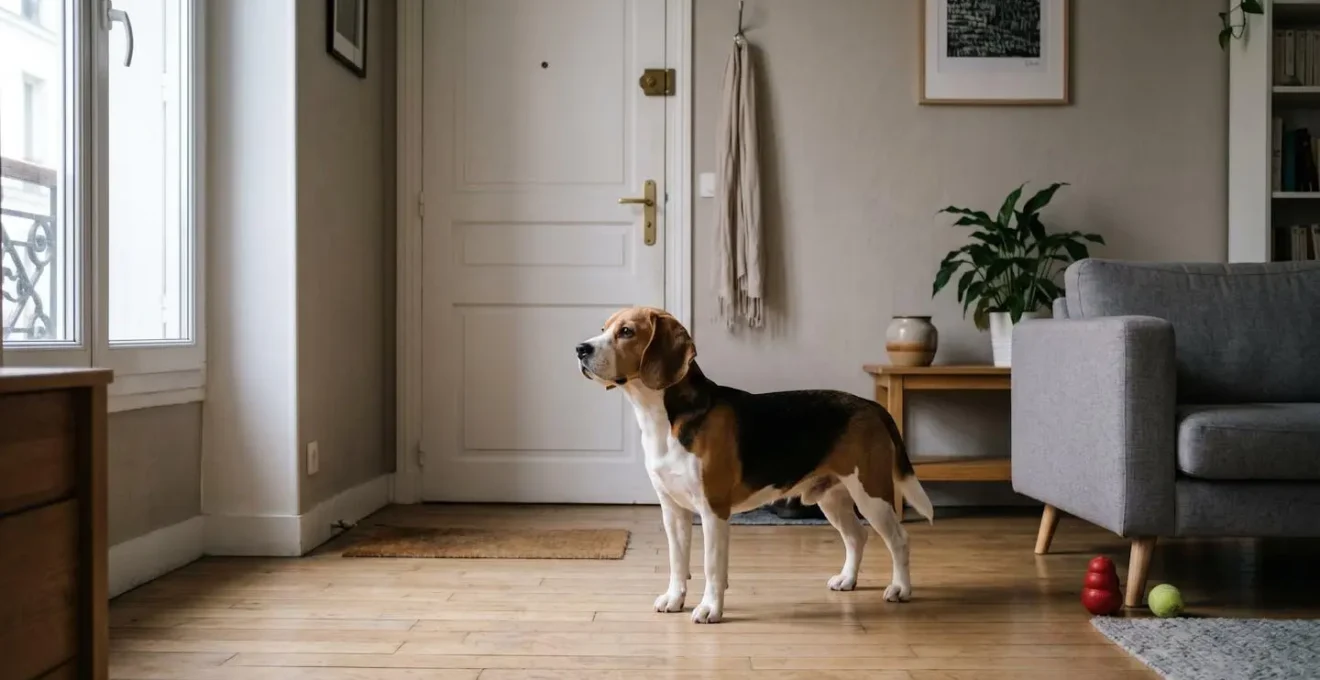 Chien de type Beagle seul dans un salon d'appartement contemporain, en position d'alerte face à la porte d'entrée, jouets d'occupation visibles au sol