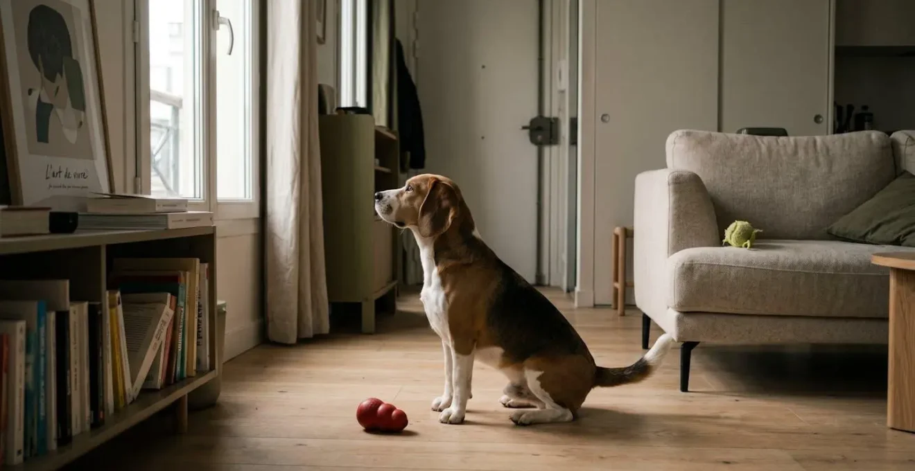 Chien de type Beagle seul dans un salon d'appartement contemporain, en position d'alerte face à la porte d'entrée, jouets d'occupation visibles au sol