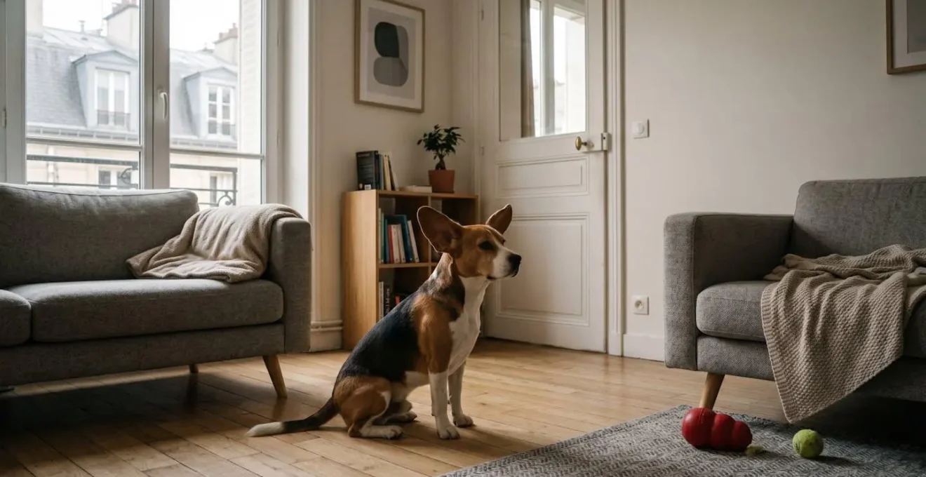 Chien de type Beagle seul dans un salon d'appartement contemporain, en position d'alerte face à la porte d'entrée, jouets d'occupation visibles au sol