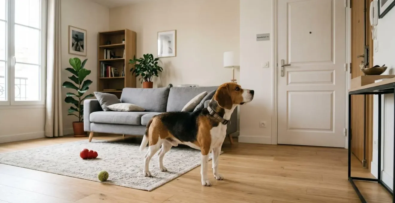 Chien de type Beagle seul dans un salon d'appartement contemporain, en position d'alerte face à la porte d'entrée, jouets d'occupation visibles au sol