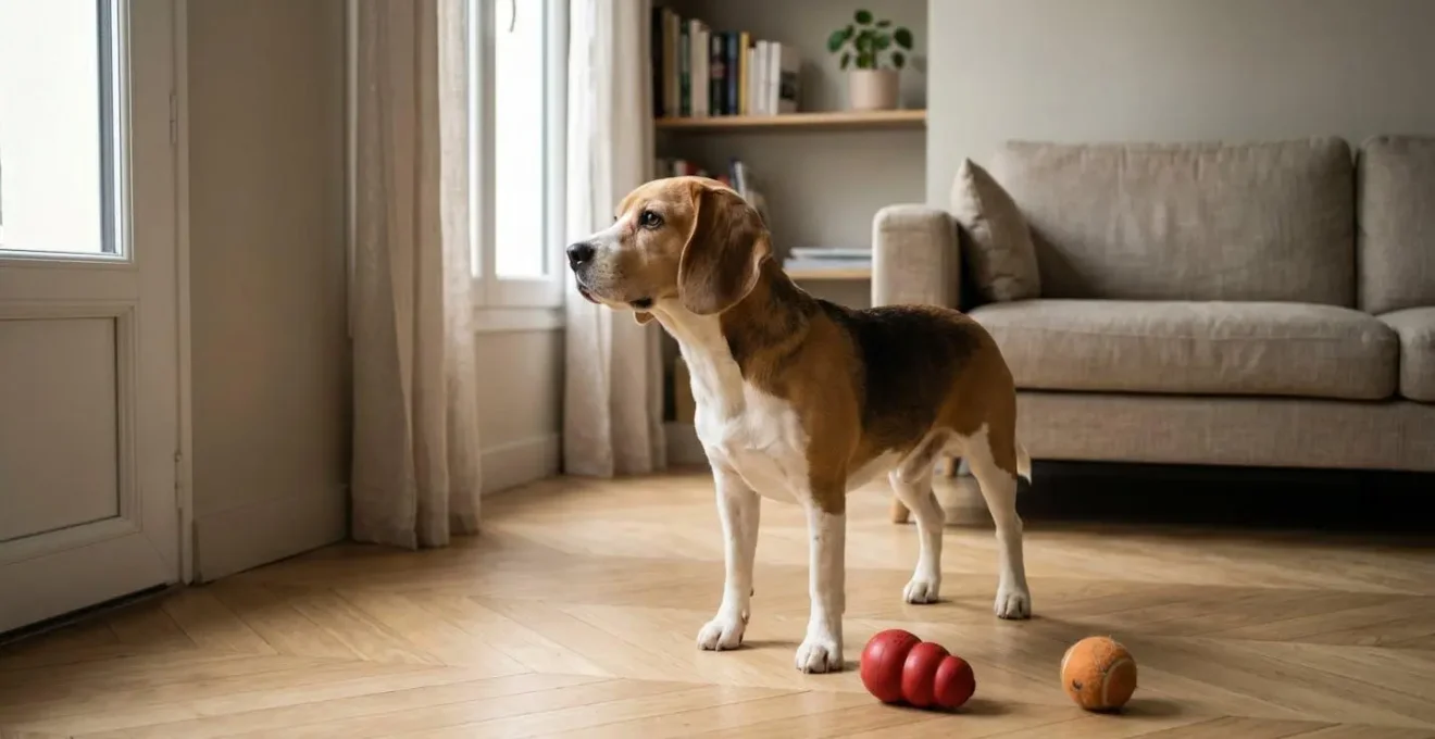 Chien de type Beagle seul dans un salon d'appartement contemporain, en position d'alerte face à la porte d'entrée, jouets d'occupation visibles au sol