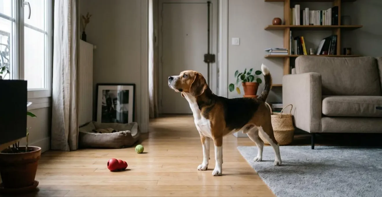 Chien de type Beagle seul dans un salon d'appartement contemporain, en position d'alerte face à la porte d'entrée, jouets d'occupation visibles au sol