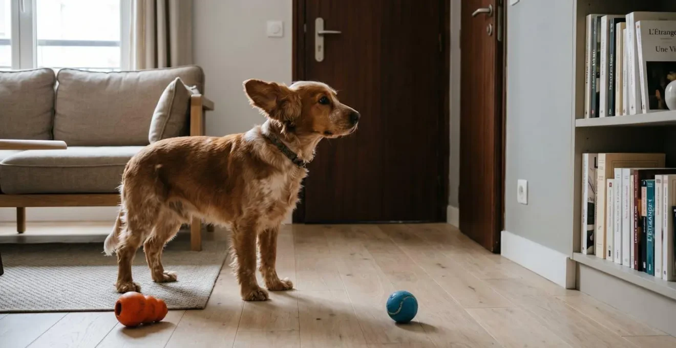 Chien de type Beagle seul dans un salon d'appartement contemporain, en position d'alerte face à la porte d'entrée, jouets d'occupation visibles au sol