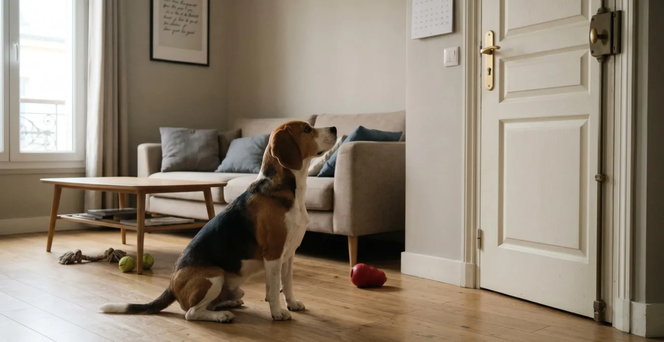 Chien de type Beagle seul dans un salon d'appartement contemporain, en position d'alerte face à la porte d'entrée, jouets d'occupation visibles au sol