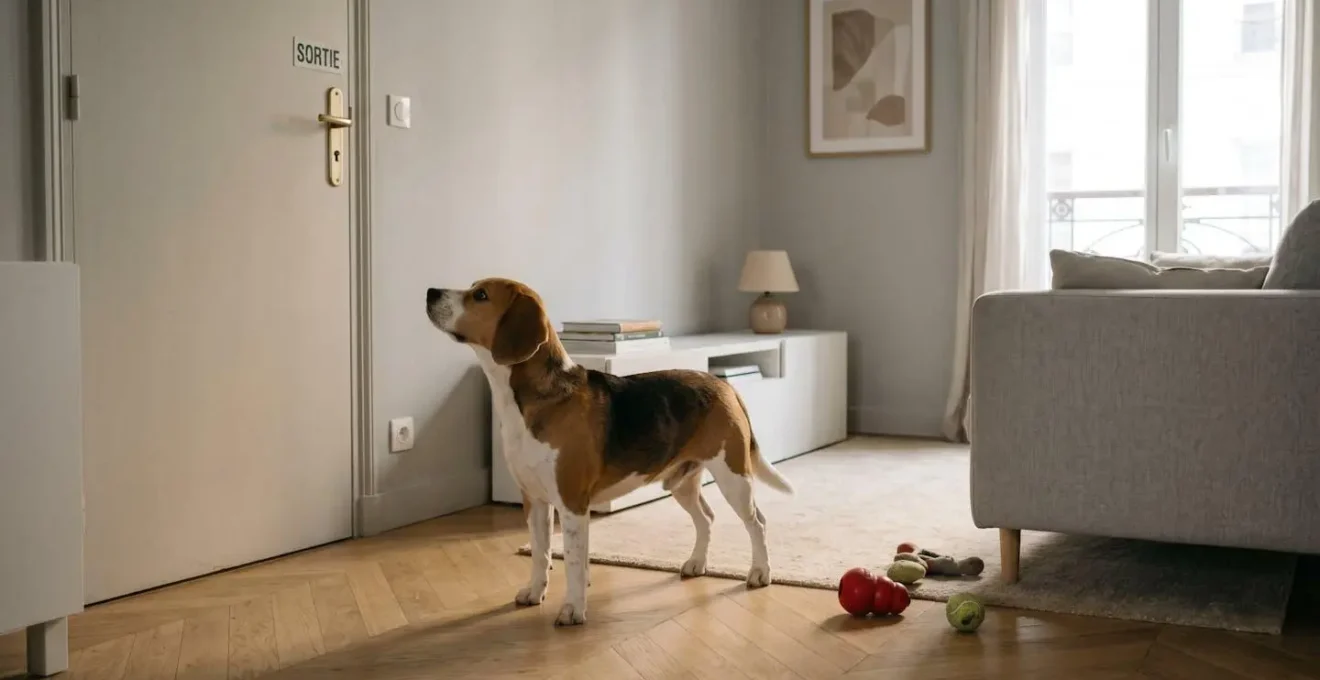 Chien de type Beagle seul dans un salon d'appartement contemporain, en position d'alerte face à la porte d'entrée, jouets d'occupation visibles au sol