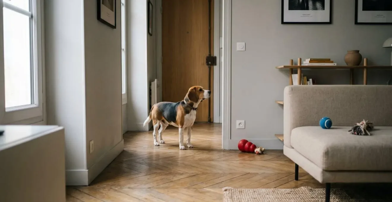 Chien de type Beagle seul dans un salon d'appartement contemporain, en position d'alerte face à la porte d'entrée, jouets d'occupation visibles au sol