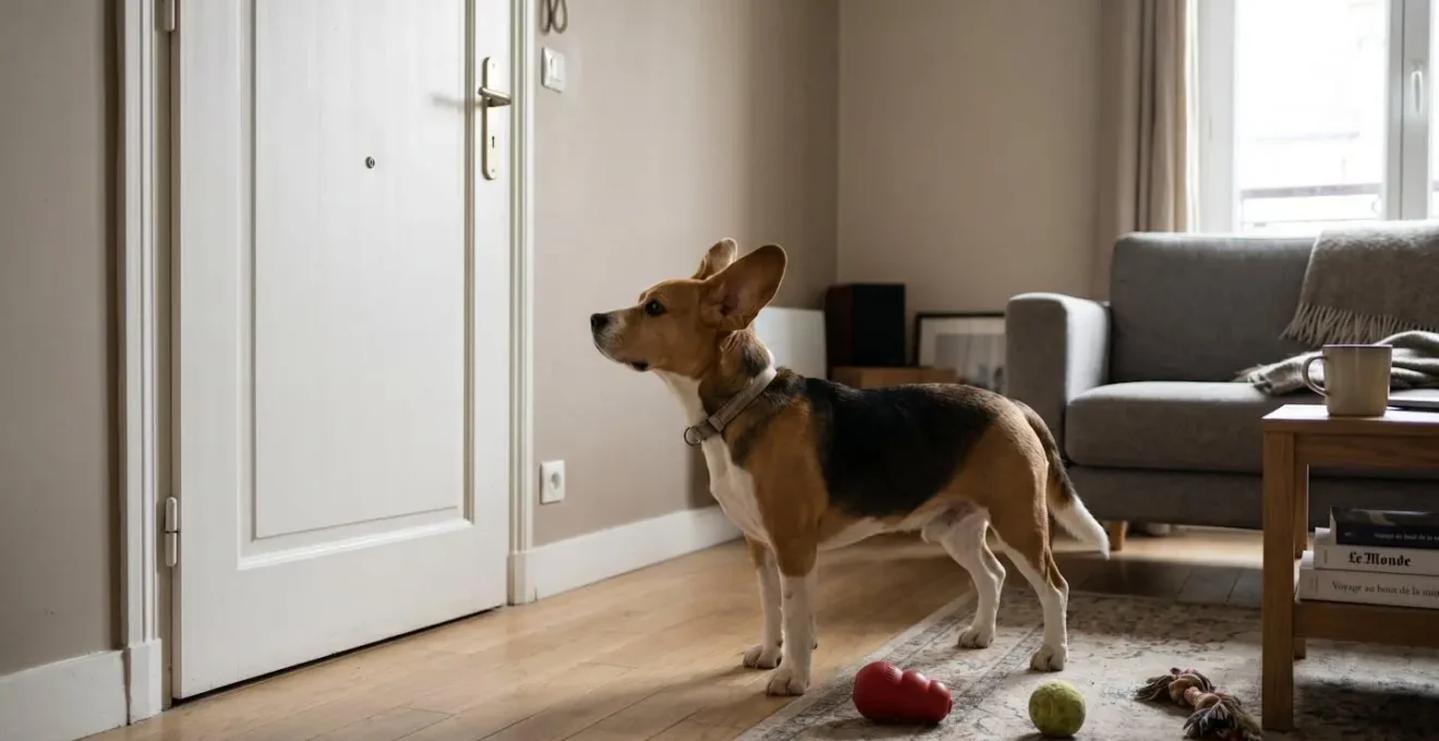 Chien de type Beagle seul dans un salon d'appartement contemporain, en position d'alerte face à la porte d'entrée, jouets d'occupation visibles au sol
