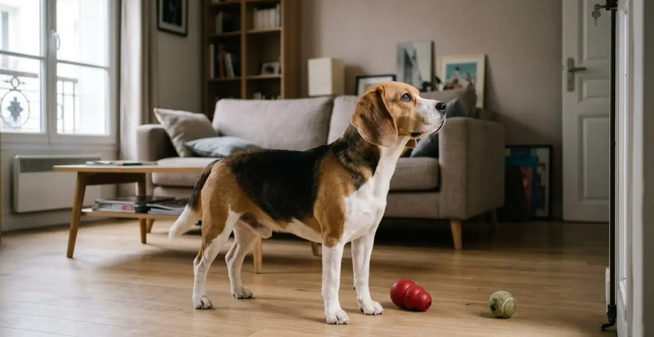 Chien de type Beagle seul dans un salon d'appartement contemporain, en position d'alerte face à la porte d'entrée, jouets d'occupation visibles au sol