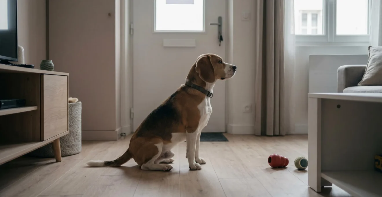 Chien de type Beagle seul dans un salon d'appartement contemporain, en position d'alerte face à la porte d'entrée, jouets d'occupation visibles au sol