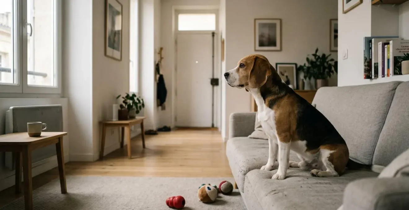 Chien de type Beagle seul dans un salon d'appartement contemporain, en position d'alerte face à la porte d'entrée, jouets d'occupation visibles au sol