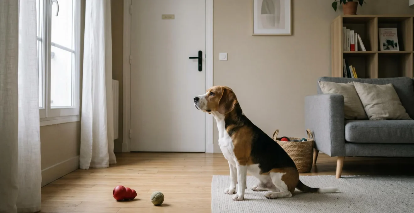 Chien de type Beagle seul dans un salon d'appartement contemporain, en position d'alerte face à la porte d'entrée, jouets d'occupation visibles au sol