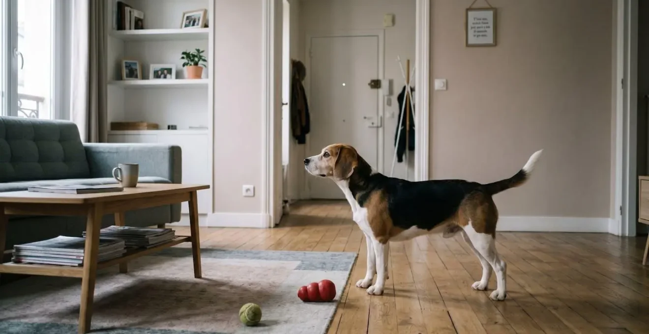 Chien de type Beagle seul dans un salon d'appartement contemporain, en position d'alerte face à la porte d'entrée, jouets d'occupation visibles au sol