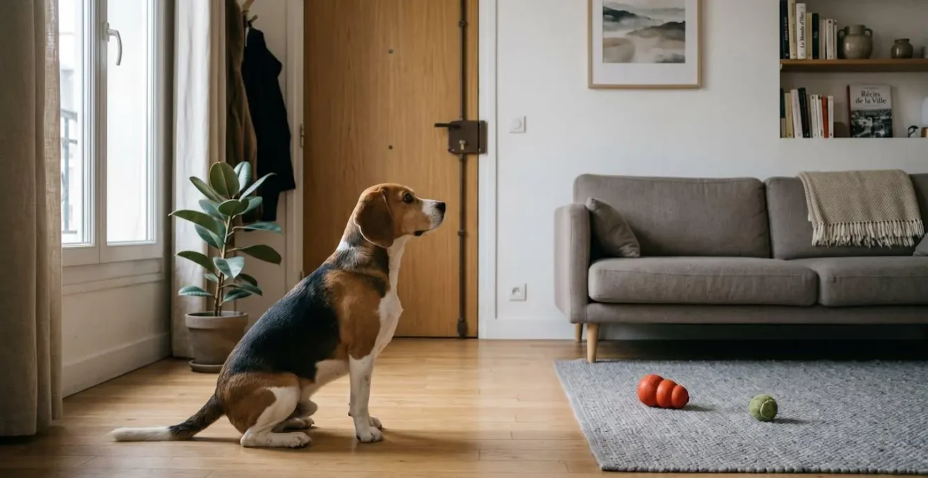 Chien de type Beagle seul dans un salon d'appartement contemporain, en position d'alerte face à la porte d'entrée, jouets d'occupation visibles au sol