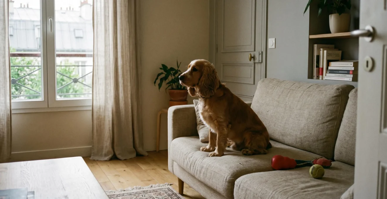 Chien de type Beagle seul dans un salon d'appartement contemporain, en position d'alerte face à la porte d'entrée, jouets d'occupation visibles au sol