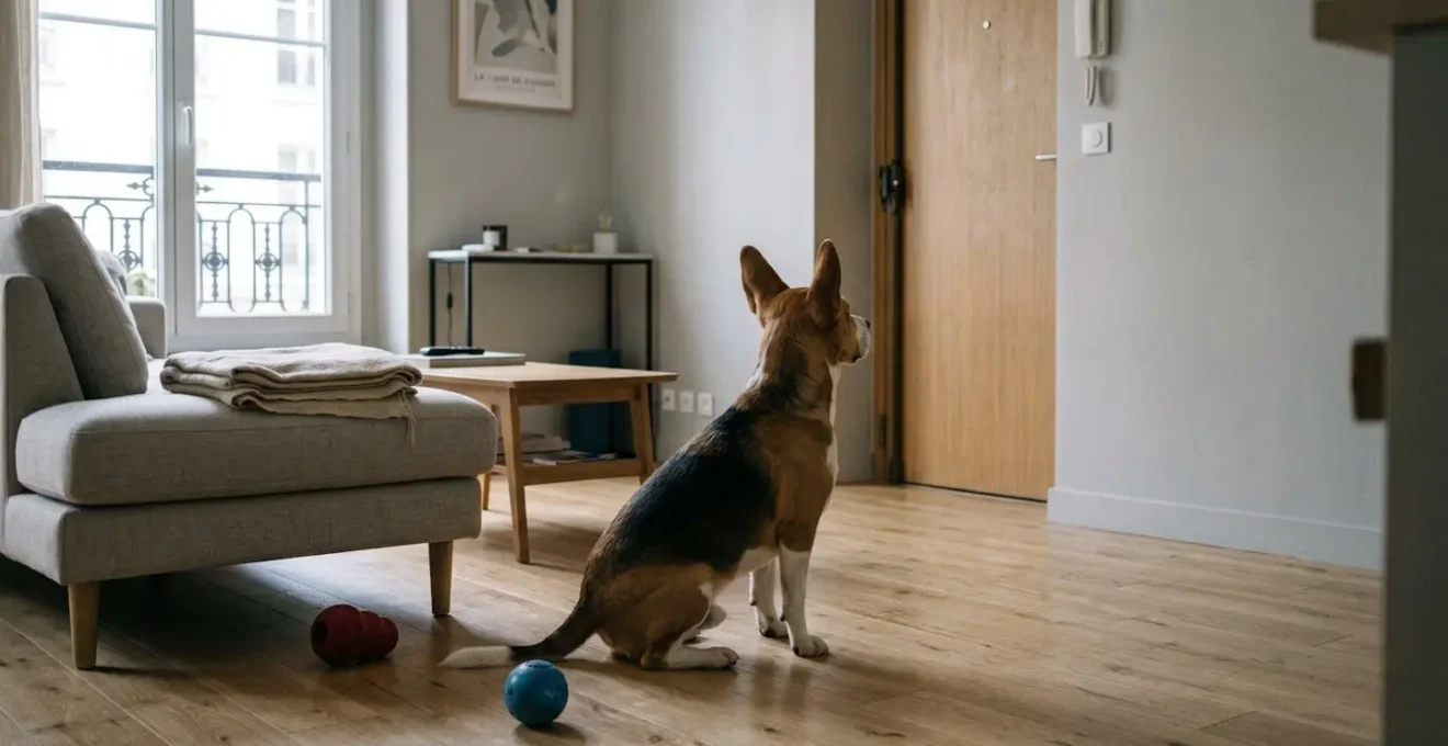 Chien de type Beagle seul dans un salon d'appartement contemporain, en position d'alerte face à la porte d'entrée, jouets d'occupation visibles au sol