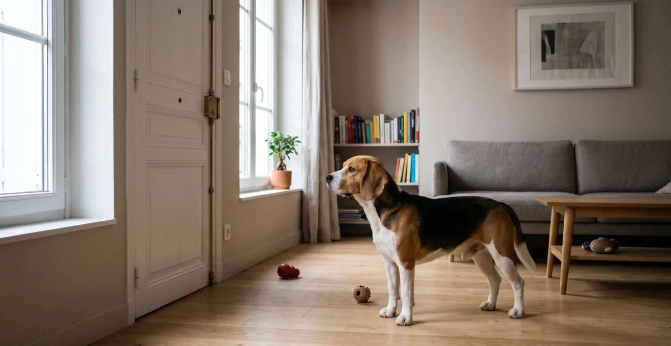 Chien de type Beagle seul dans un salon d'appartement contemporain, en position d'alerte face à la porte d'entrée, jouets d'occupation visibles au sol